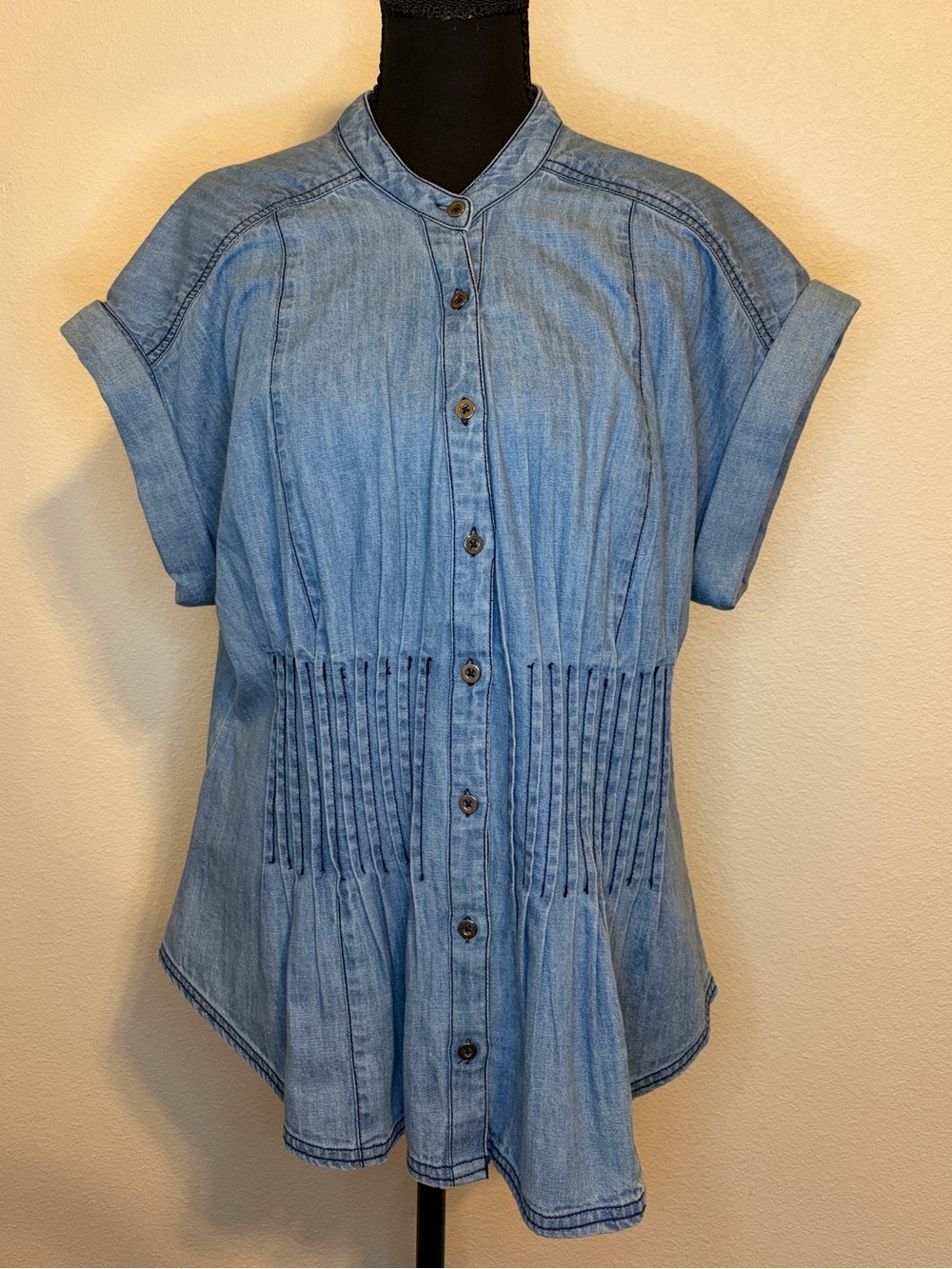 Anthropologie Pilcro Chambray Pleated Waist Button Down Top L